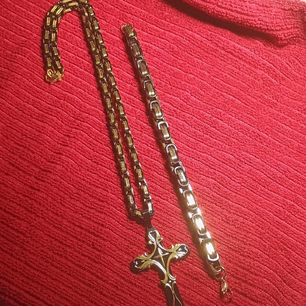 Gold Chain Necklace and Bracelet Set with Cross Pendant